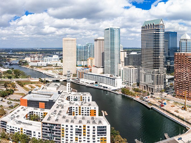 Aerial view of the downtown Tampa skyline along the Hillsborough River