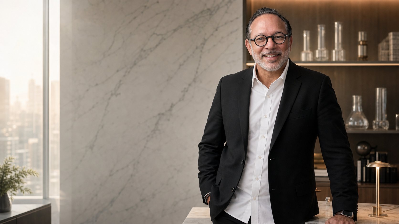 Mihir Taneja standing at a marble counter in a modern office