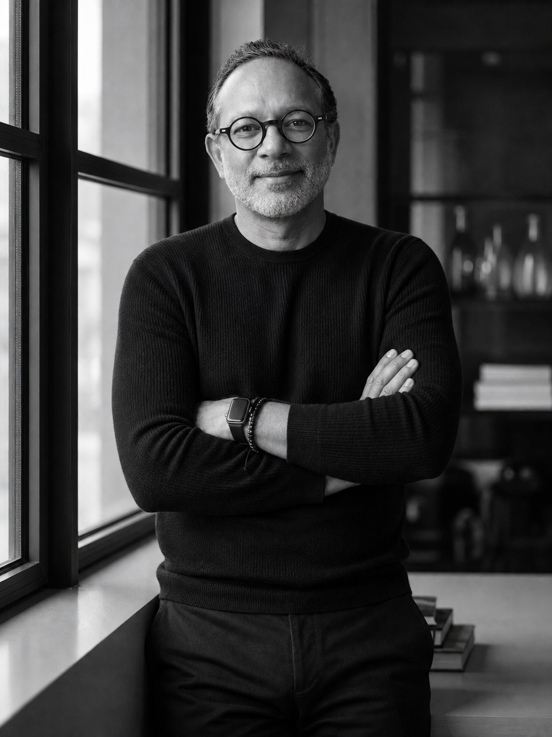 Mihir Taneja photographed in black and white beside a window