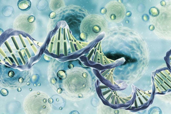 An illustration of DNA strands among cells, representing regenerative medicine