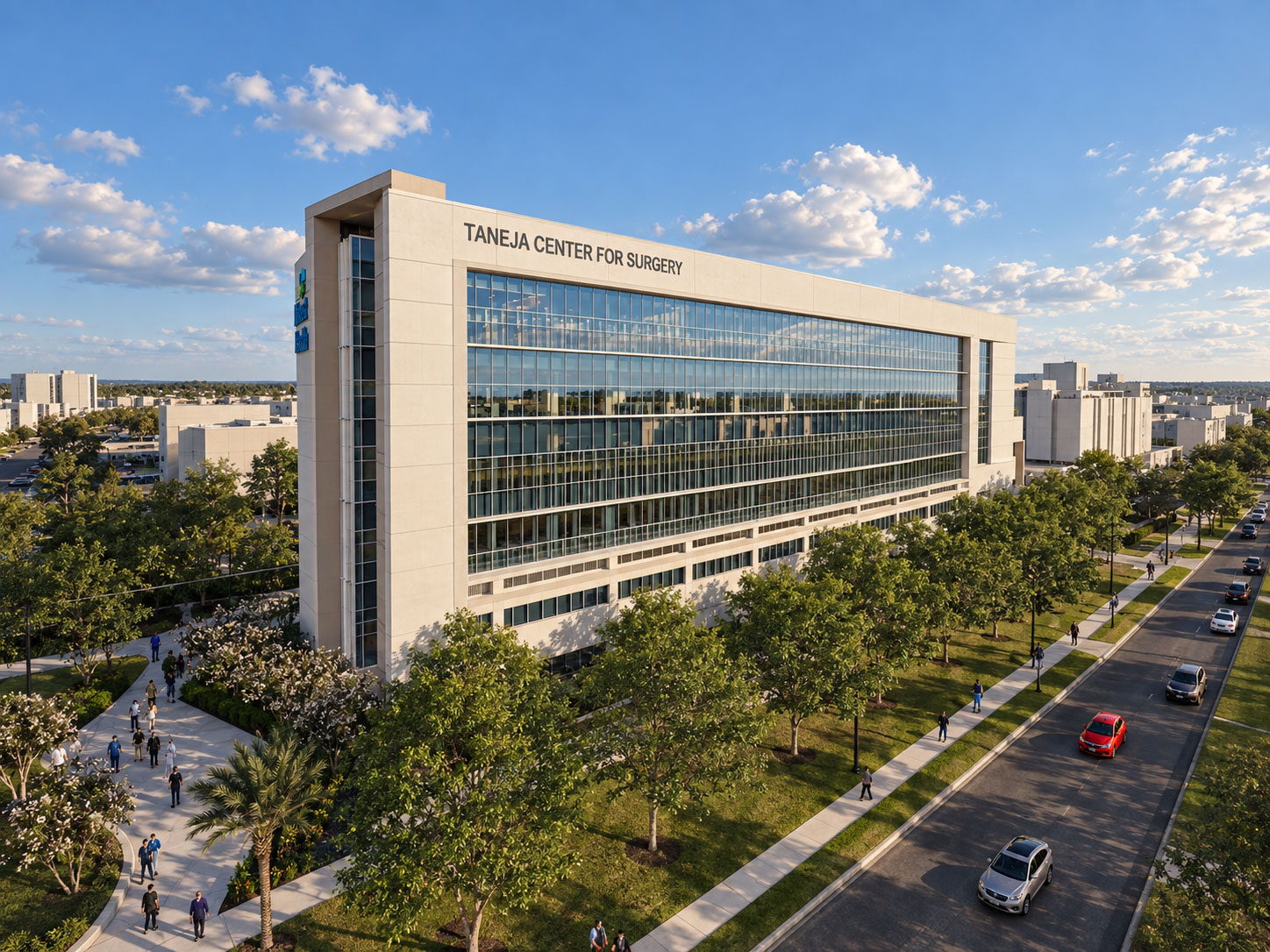 The Taneja Center for Surgery at AdventHealth Tampa, name lettering across the upper facade