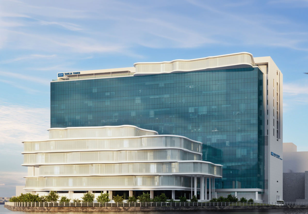 The Taneja Surgical, Neuroscience and Transplant Tower at Tampa General Hospital, seen from the water